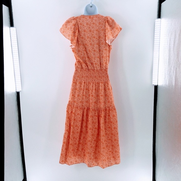 Parker Women Dress Orange Floral Print Cotton Peasant Tiered Sleeveless Midi - Picture 7 of 14